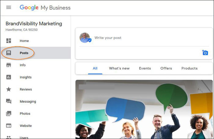 Google My Business dashboard showing Posts menu